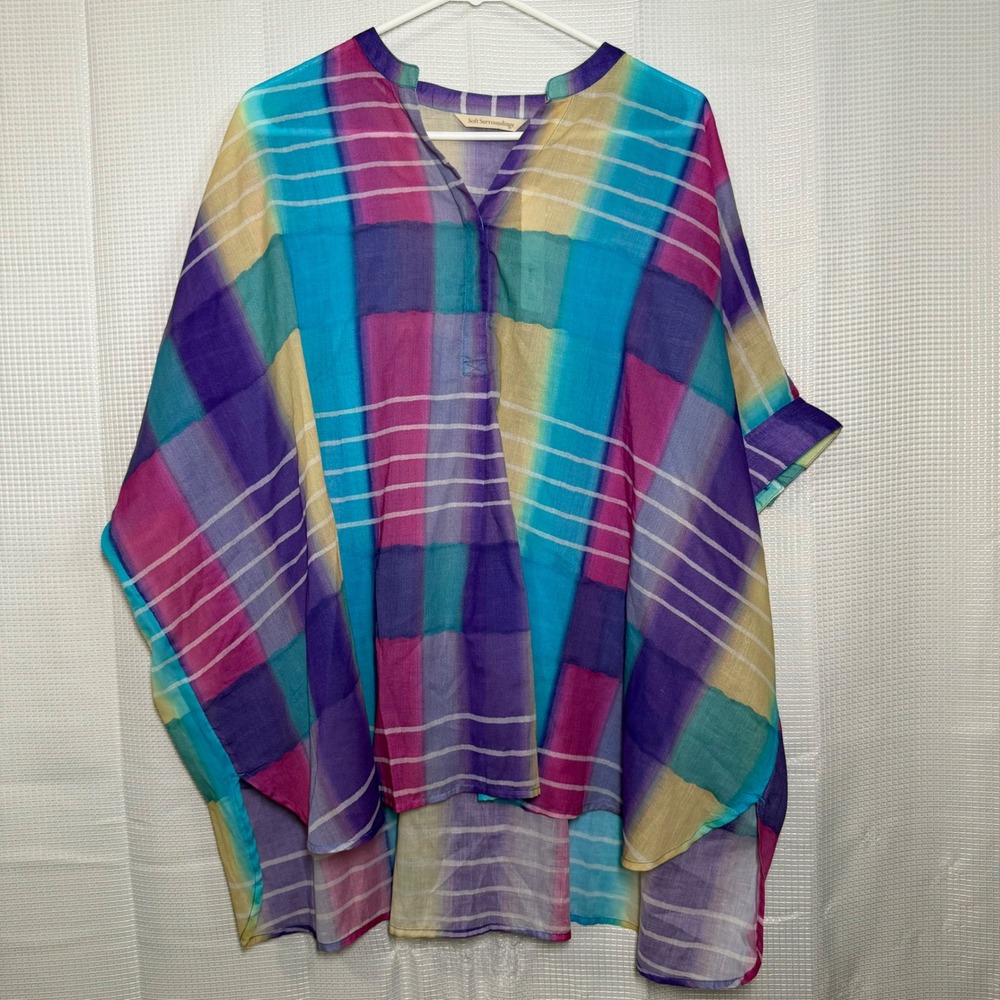Soft Surroundings Painted Plaid Tunic Top Women's L‎ Cotton High Low Boho Shirt